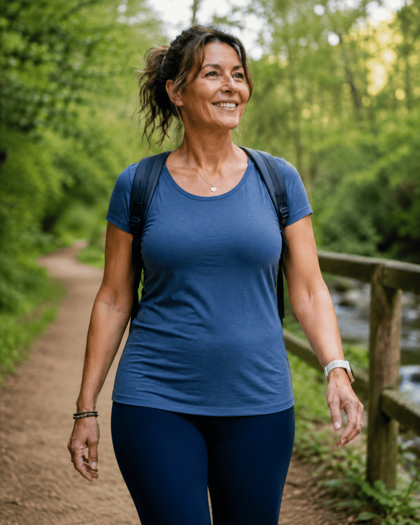 Healthy midlife woman walking outdoors and embracing wellbeing after 40.
