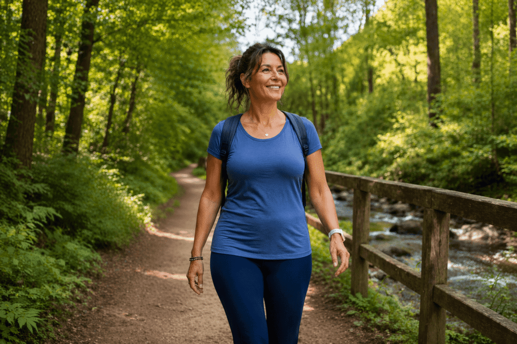 Healthy midlife woman standing outdoors looking confident and energetic.