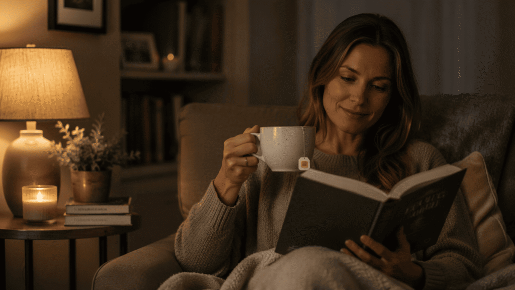 Woman practising a calming bedtime routine for better sleep.