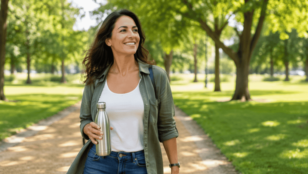 Midlife woman enjoying an outdoor walk as part of a healthy lifestyle.
