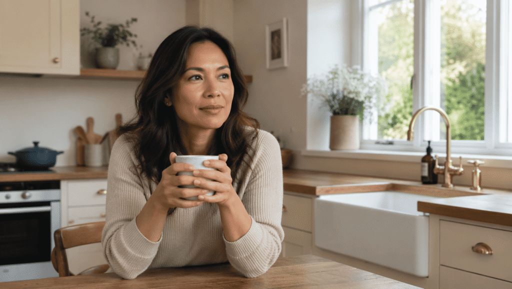 Woman reflecting on her relationship with food and emotions.
