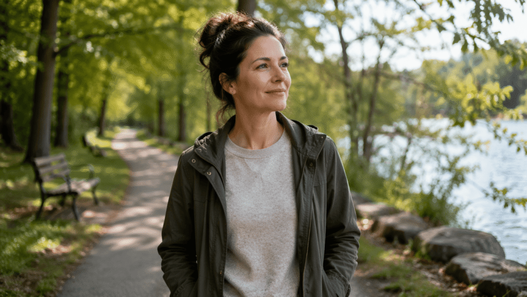 Woman reconnecting with her wellbeing through daily healthy habits.