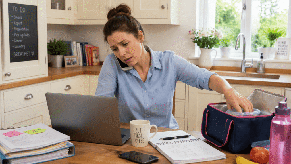 Busy woman balancing multiple responsibilities and feeling overwhelmed.