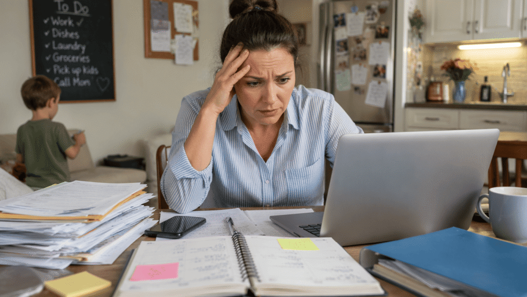 Woman feeling overwhelmed by work and daily responsibilities.