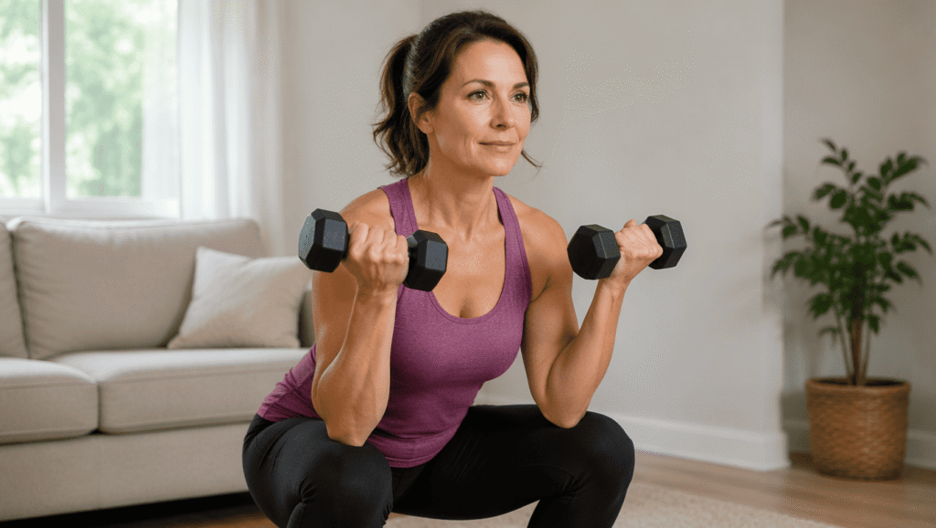 Woman strength training at home to support healthy ageing.